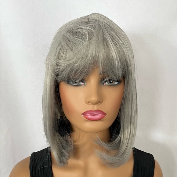 Silver Grey Color โPut On & Goโ Synthetic Wig with Bangs for Events or Cosplay - Picture 6 of 10